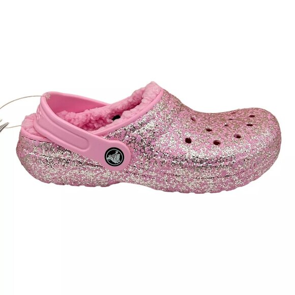 Crocs Youth Girls Slip-on Lined Clogs Sz 3 (J3) Pink Glitter Faux Fur Fuzzy Warm - Picture 2 of 14